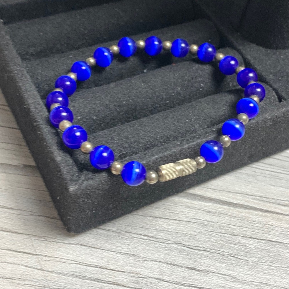 Blue Cats Eye Bead Bracelet Silver Tone Spacers Barrel Clasp 6 Inch 4227